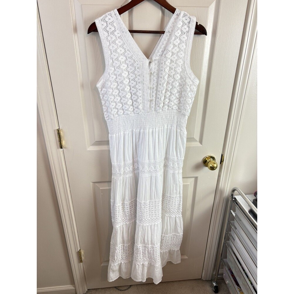White Cotton Crochet Dress Cottagecore Beach 100% Cotton Dress Maxi XL 496 - Picture 2 of 9